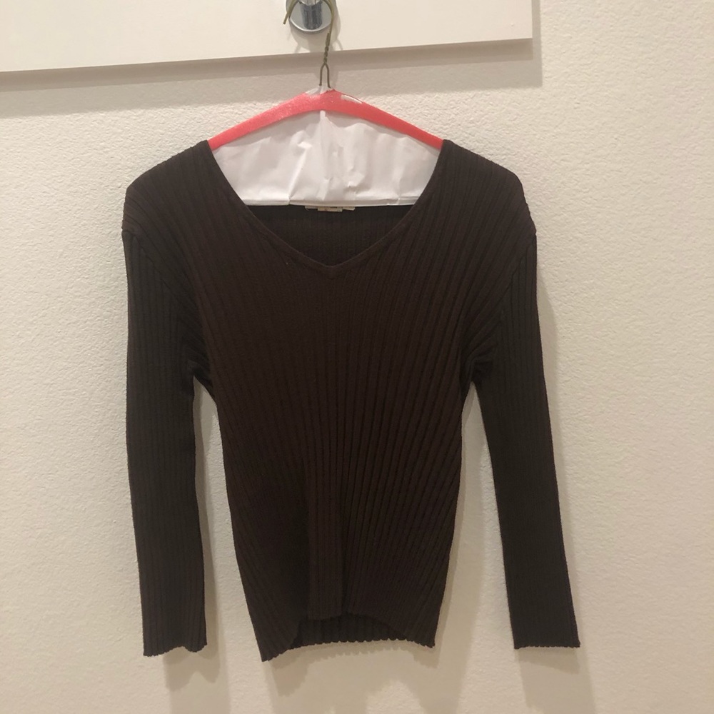 Brown V-Neck Ribbed Sweater